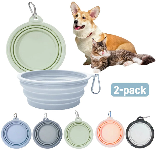 2pcs Collapsible Pet Silicone Dog Food Water Bowl Portable Folding Dishes with Carabiner